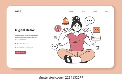 Digital detox web banner or landing page. Female character taking a break from digital device. Happy woman relaxing without a phone. Ballanced life and mental health. Flat vector illustration