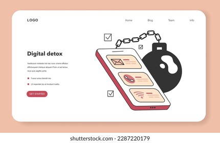 Digital detox web banner or landing page. Chained digital device. Breaking a smartphone, internet and social media addiction. Ballanced life and mental health. Flat vector illustration