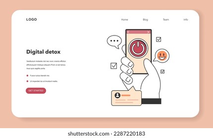 Digital detox web banner or landing page. Character taking a break from digital device. Disconnected or turned off gadget. Ballanced life and mental health. Flat vector illustration