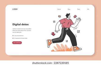Digitaler Detox-Web-Banner oder Landing-Seite. Männlicher Charakter, der eine Pause in der Natur macht. Gadget getrennt oder ausgeschaltet. Gleichgewicht zwischen Leben und psychischer Gesundheit. Flache Vektorgrafik