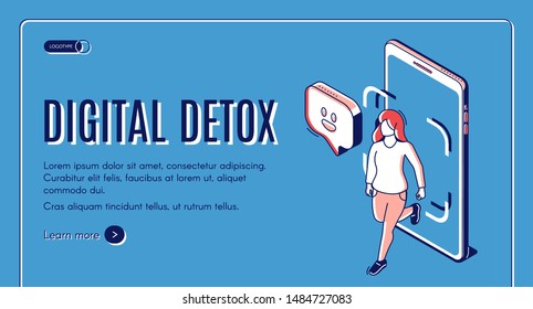 Digital detox web banner. Young woman stepping out of huge mobile phone screen. Escape from smartphone and internet addiction, modern lifestyle. 3d isometric vector retro colored line art landing page