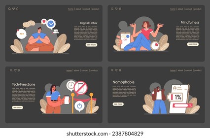 Digital detox web or landing dark or night mode set. Characters reducing screen time. Disconnected or turned off gadget. Balanced life and mental health. Flat vector illustration