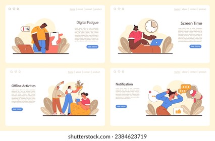 Digital detox web or landing set. Characters practicing mindfulness, reducing screen time. Disconnected or turned off gadget. Balanced life and mental health. Flat vector illustration