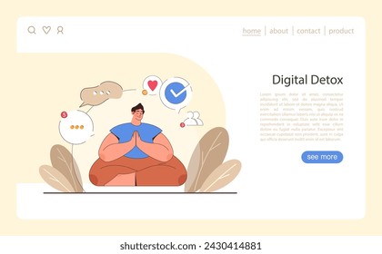 Digital detox web or landing set. Characters practicing mindfulness, reducing screen time. Disconnected or turned off gadget. Balanced life and mental health. Flat vector illustration