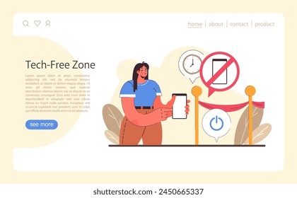 Web digital de desintoxicación o set de aterrizaje. Personajes practicando mindfulness, reduciendo el tiempo de pantalla. Desconectado o desactivado el gadget. Vida equilibrada y salud mental. Ilustración vectorial plana
