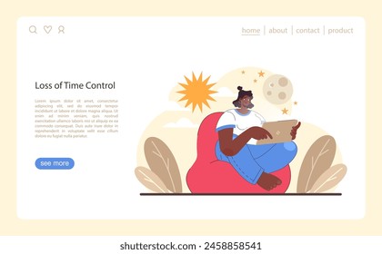 Web digital de desintoxicación o set de aterrizaje. Personajes practicando mindfulness, reduciendo el tiempo de pantalla. Desconectado o desactivado el gadget. Vida equilibrada y salud mental. Ilustración vectorial plana