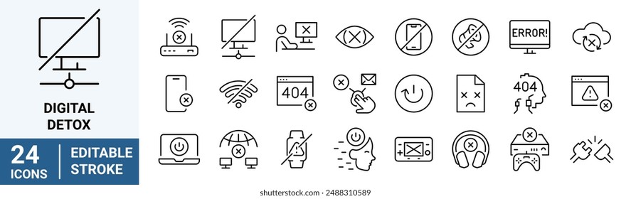 Digitale Detox-Web-Linien-Symbole. Ausschalten. Technisch entgiften. Bearbeitbarer Strich. Vektorillustration