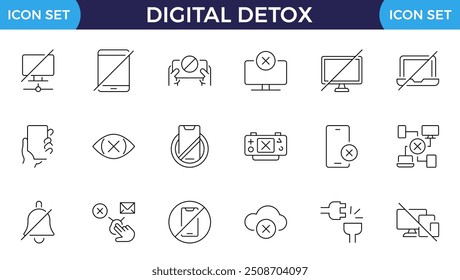 Iconos de línea de Web de desintoxicación digital. Apaga. desintoxicación tecnológica. Trazo editable. Ilustración vectorial