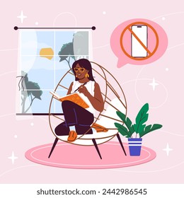 Digital detox woman concept. Woman with book without smartphones. Healthy lifestyle and routine. Young girl at comfortable chair. Cartoon flat vector illustration isolated on pink background