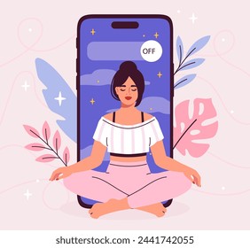 Digital detox woman concept. Young girl sitting in lotus position near smartphone. Refuse from social networks and messengers. Good habits and healthy lifestyle. Cartoon flat vector illustration