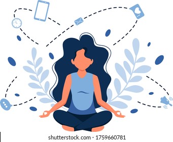 Digital detox. Woman meditating in lotus pose. Vector illustration in flat style. 