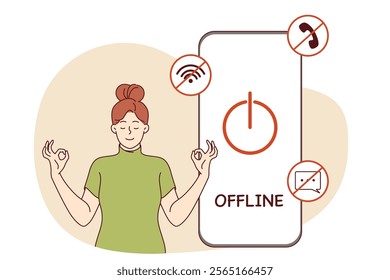 Digital detox for woman meditating near switched off mobile phone to restore psychological health. Importance of digital detox to avoid unnecessary stress caused by bad news and online bullying