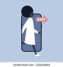 Digital detox. Young black female character stepping out of the mobile phone screen. Modern lifestyle. Millennial user. Flat editable vector illustration, clip art