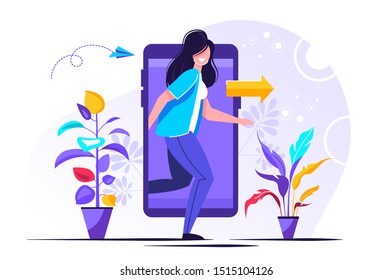 Digital detox. Young female character stepping out of the mobile phone screen. Modern lifestyle. Millennial user. Flat editable vector illustration, clip art