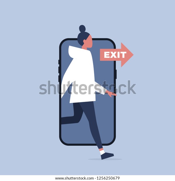 Digital detox. Young female\
character stepping out of the mobile phone screen. Modern\
lifestyle. Millennial user. Flat editable vector illustration, clip\
art