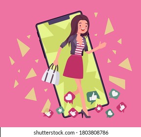 Digital detox, young woman breaking through phone screen. Lady happy refrains from using devices, smartphone apps and social media platforms detoxification. Vector flat style cartoon illustration