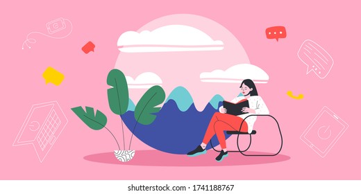 Digital detox. A young woman is sitting in a chair and reading a book on the background of a beautiful landscape. All technologies are currently disabled. Flat vector illustration.