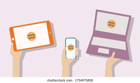 Desintoxicación digital.Manos levantando una tableta, teléfono, laptop. Para carteles, carteles en restaurantes, cafés, parques. Ilustración vectorial de stock