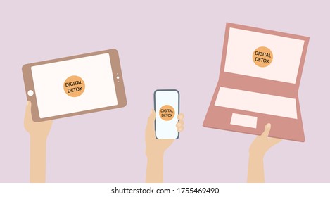 Digital detox.Hands lifting up a tablet, phone, laptop. For banners, signs in restaurants, cafes, parks.Stock vector illustration