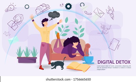 Digital detoxification, banner concept for web and mobile sites, a Woman protected by a shield, an aura, from a large amount of unnecessary information, sitting on a Cup of tea, flat vector illustrati