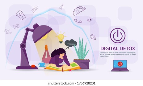 Digital detoxification, banner concept for web and mobile sites, Girl reading a book under a lamp, under the protection of aura, shield, from a large amount of unnecessary information, flat  