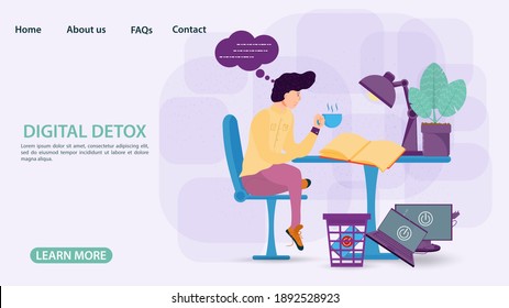 Digital detoxification, banner concept for web and mobile sites, small man man with a Cup of tea reading a book at the table in the trash gadgets, flat vector illustration