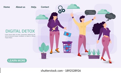 Digital detoxification, banner concept for web and mobile sites, Small people men and women throw their phones in the trash, getting rid of addiction, flat vector illustration