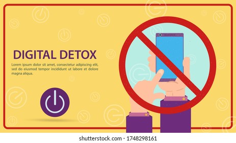 Desintoxicación digital, signo que prohíbe el uso de un smartphone móvil, la mano apaga el gadget en un signo tachado, ilustración vectorial plana, cartel de diseño