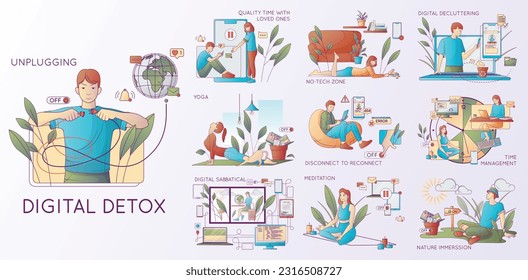 Desintoxicación digital de líneas fijas de composiciones con subtítulos de texto y dibujos animados de personajes humanos que se desconectan de ilustraciones vectoriales fuera de línea