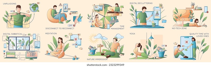 Digital detoxing flat line set of isolated compositions with cartoon human characters getting rid of gadgets vector illustration