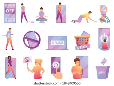 Digital detoxing icons set. Cartoon set of digital detoxing vector icons for web design