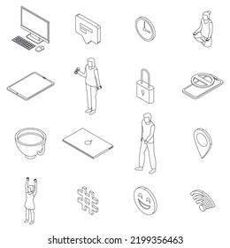 Juego de iconos de destoxicación digital. Conjunto isométrico de iconos vectoriales de destoxicación digital delinear la línea delgada aislada en blanco