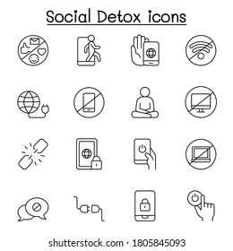 Digital detoxing icons set in thin line style