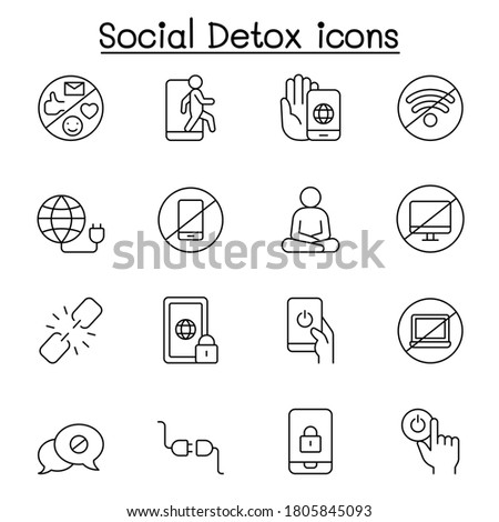 Digital detoxing icons set in thin line style