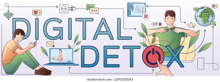 Digitale Entgiftungs-Line-Komposition mit flachem Text, umgeben von Social-Media-Icons Power-Switch und Menschen Vektorgrafik