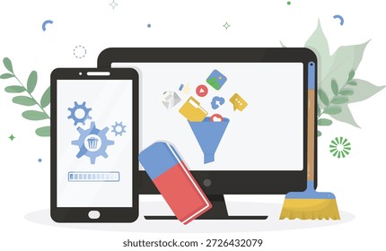 Limpeza e manutenção de dispositivos digitais isoladas em fundo transparente. Perfeito para conteúdo de suporte técnico, gerenciamento de dados e tecnologia ecologicamente correta. Dia da limpeza digital. Design plano. Ilustração vetorial