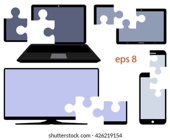 Digital device with the cut parts in the form of puzzles. Vector eps 8