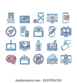 Digital Device Detox Collection doodle icons set vector. Wifi Smartphone Crossed Out Mark, Off Screen Laptop Phone Screen Gadget Technology Detox sketch hand drawn