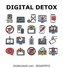 Dispositivo Digital Detox Collection Icons Set Vector. Wifi Y Smartphone Marcos Cruzados, Portátil Desactivado Y Tecnología De Gadget De Pantalla Telefónica Ilustraciones De Contorno De Color De Descomposición