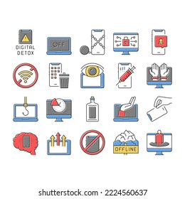 Digital Device Detox Collection Icons Set Vector. Wifi And Smartphone Crossed Out Mark, Off Screen Laptop And Phone Screen Gadget Technology Detox Color Contour Illustrations