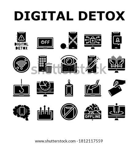 Digital Device Detox Collection Icons Set Vector. Wifi And Smartphone Crossed Out Mark, Off Screen Laptop And Phone Screen Gadget Technology Detox Glyph Pictograms Black Illustrations
