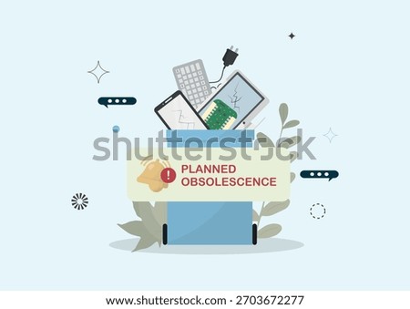Digital Device E-Waste with Planned Obsolescence Warning. Short device lifespans and modern e-waste issues. Planned obsolescence concept. Flat design. Corporate business. Vector illustration
