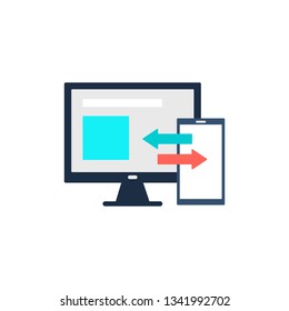 Digital device flat icon, smartphone and desktop computer. Data transaction vector sign, symbol, illustration. Devices connection sign. Computer network vector pictogram.