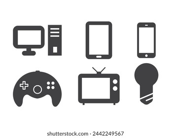 digital device icon computer tablet smartphone joystick old tv lamp. black isolated white background