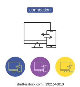 Digital device icon, smartphone and desktop computer. Data transaction line vector sign, symbol, illustration. Devices connection sign. Computer network vector pictogram. Editable stroke.