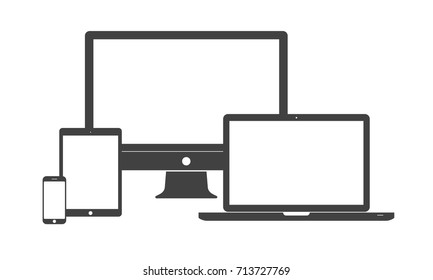 Digital Device Icons - Smartphone, Tablet, Laptop And Desktop Computer. Simple Flat Design Isolated On White Background, Vector