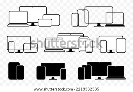 Digital Device Icons Vector Illustration Set. Mobile phone, tablet PC, computer monitor and laptop screen icons with transparent background.