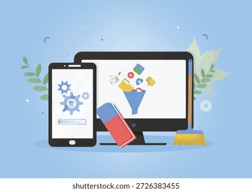 Conceito de manutenção de dispositivo digital mostrando computador e smartphone removendo aglomeração digital e arquivos indesejados. Suporte técnico e conteúdo de otimização do sistema. Dia da limpeza digital. Ilustração vetorial