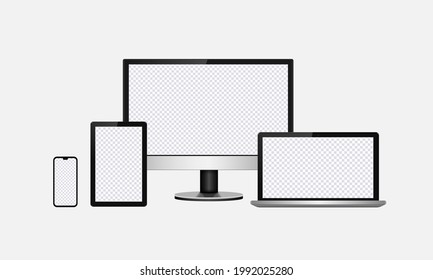 Mochila de pantalla de dispositivo digital. Plantillas de gadget con pantallas en blanco para publicar contenido. Portátil, monitor, smartphone y maquillaje de tablets. Ilustración vectorial.