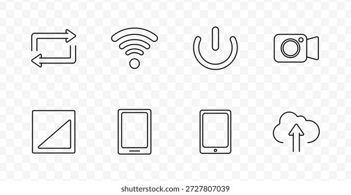 Digital device set icon. Repeat arrows, wifi, power button, camera, triangle scale, tablets, cloud upload drawn in outlined style with transparent background